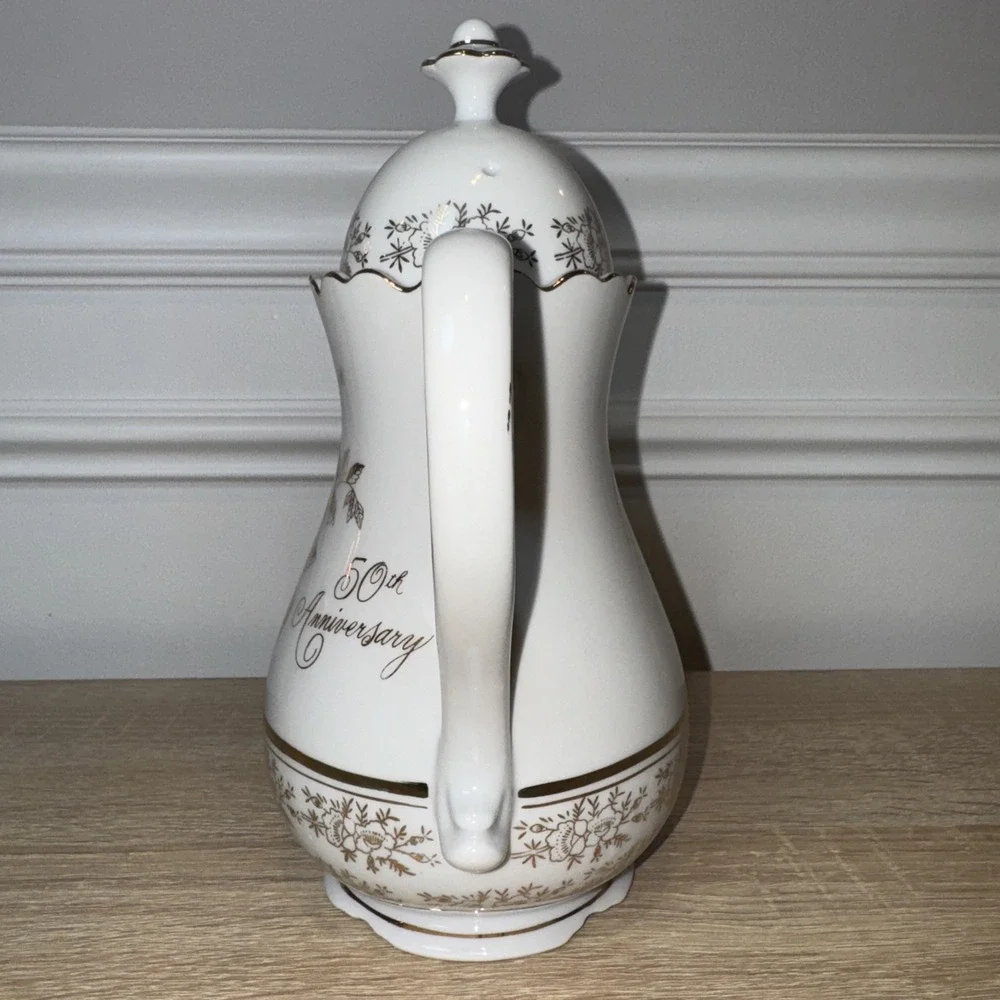 VTG 25Th Anniversary Tea Coffee Pot‎ AB-190 Norcrest Chatillon White Gold Japan